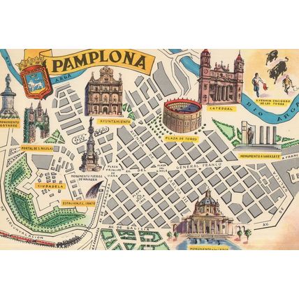 Pamplona Map Spain Bullfighting Church River Postcard