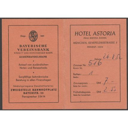 Broschüre der Hotelgebühren, Hotel Astoria, München, 1952