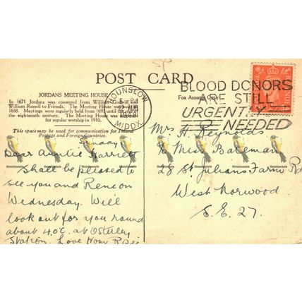 Jordan's Meeting House, Bucks, Blood Donors Postmark Postcard, 1948