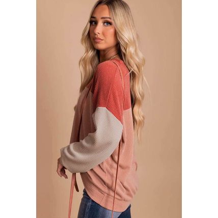 Red Color Block Long Sleeve Ribbed Loose Top