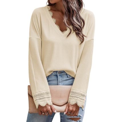 Apricot Ribbed Texture Lace Trim V Neck Long Sleeve Top