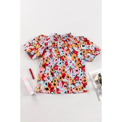 White Frilled High Neck Buttons Back Floral Blouse
