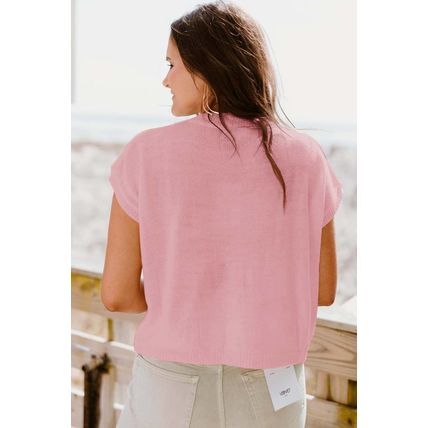 Pink Multi Crochet Flower Knit Short Sleeve Sweater Top
