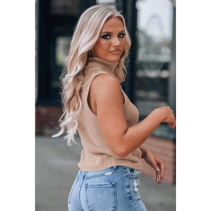 Oatmeal Solid Color Turtleneck Knit Tank Top