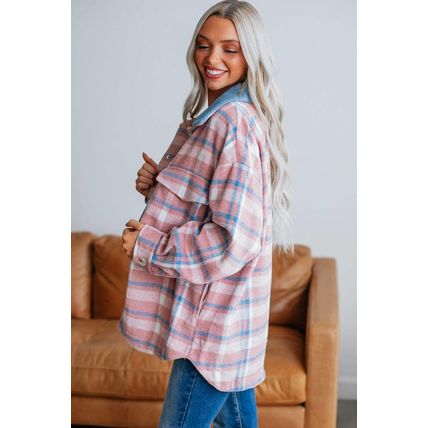 Pink Plaid Print Color Block Collared Flap Pockets Loose Shacket