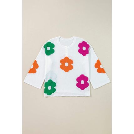 White Floral Print Buttoned Loose Lightweight Sweater