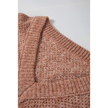 Dark Brown Loose Eyelet V Neck Drop Shoulder Sweater