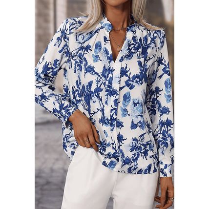 Sky Blue Floral Print Notched Neck Elegant Blouse