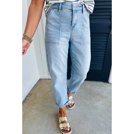 Beau Blue High Rise Barrel Relaxed Patch Pocket Jeans