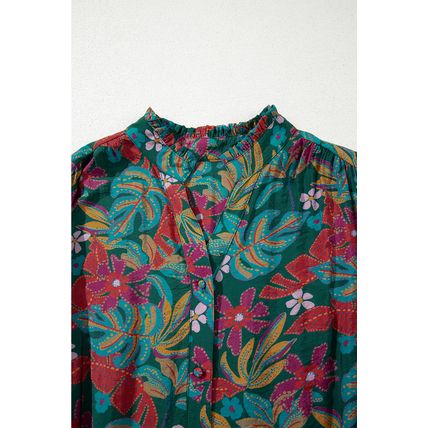 Green Floral Friled V Neck Puff Sleeve Ruffled Shirt Dress