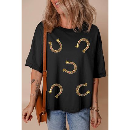 Black Western Shiny Horseshoes Pattern High Low Hem Casual T Shirt
