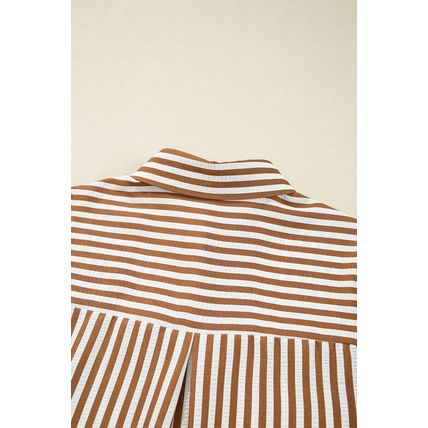 Brown Stripe Ruffled Hem Collared Long Sleeve Shirt Mini Dress