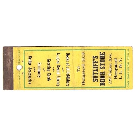 New York Hempstead Long Island Matchcover Sutliff's Book Store nyli_box1~15