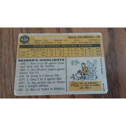 1960 Topps Card # 436 Marv Throneberry Fair (1.5) Kansas City Athletics