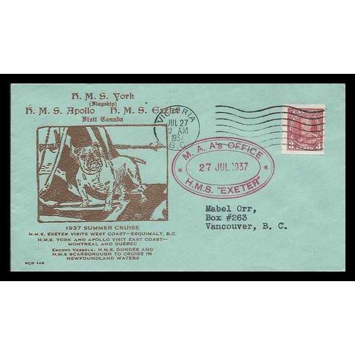 Canada Navy Ship Mail 1937 - HMCS Exeter MAA`s Office oval, Victoria