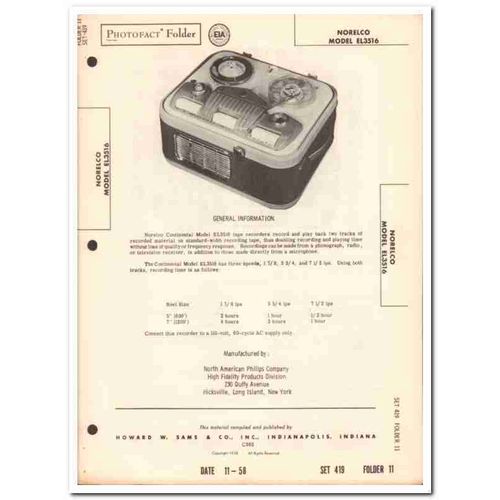 norelco continental model el3516 tape recorder sams photofact manual