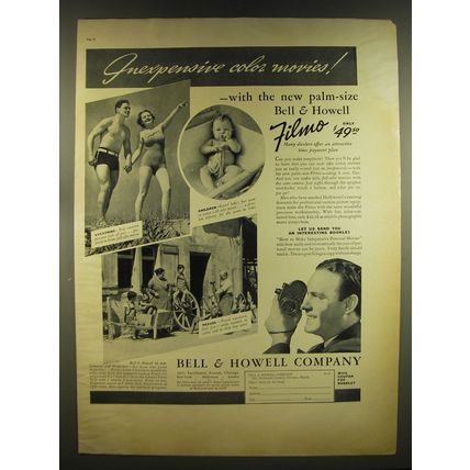 1937 Bell & Howell Filmo Movie Camera Ad - Inexpensive color movies