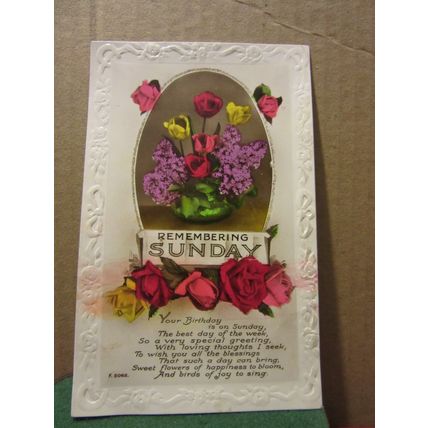 SUNDAY BIRTHDAY .. used vintage postcard RP flowers