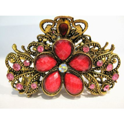 Jeweled antique style bronze gold metal hair claw clips with crystals