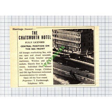 The Chatsworth Hotel Hastings Sussex T Farnborough Advert - 1965 Small Cutting