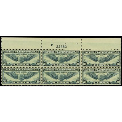 C24, Mint NH 30¢ Top Plate Block of Six CV $110 - Stuart Katz