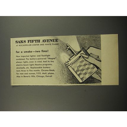 1955 Saks Fifth Avenue Magna Cigarette Lighter Ad - For a smoke - two fires!