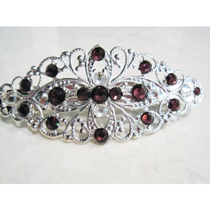Silver filigree hair clip barrette with purple crystals bridal hair clip