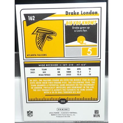 2022 Classics DRAKE LONDON (Atlanta Falcons) Yellow Back Rookie Card #162