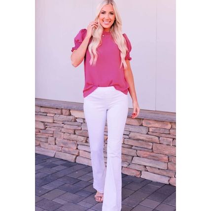 Rose Solid Color Smocked Puff Sleeve Blouse