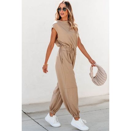 Light French Beige Cap Sleeve Open Back Drawstring Jogger Jumpsuit
