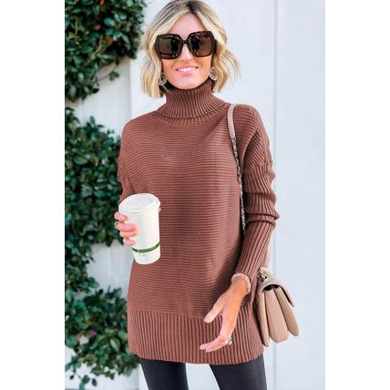 Mineral Red Turtleneck Ribbed Knit Tunic Sweater