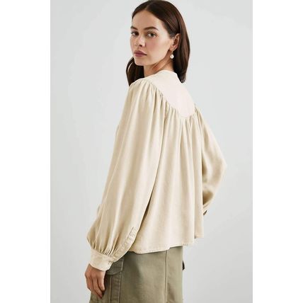 White Solid Color Lantern Sleeve Notched V Neck Blouse