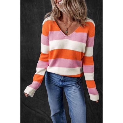 Orange Stripe Colorblock V Neck Casual Sweater