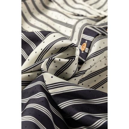 Black Stripe 2-tone Patchwork Half Buttons Chest Pockets Casual Blouse