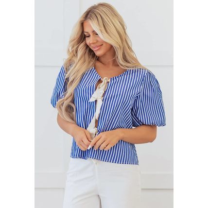 Blue Stripe Tied Front Puff Short Sleeve Blouse