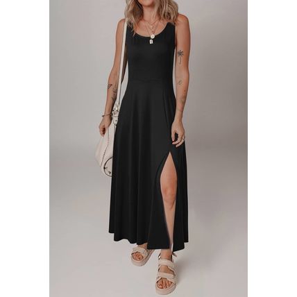 Black Sleeveless Scoop Neck Flared Split Midi Dress