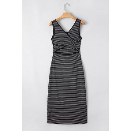 Black Stripe Criss Cross Side Slits Slim Fit Sleeveless Midi Dress