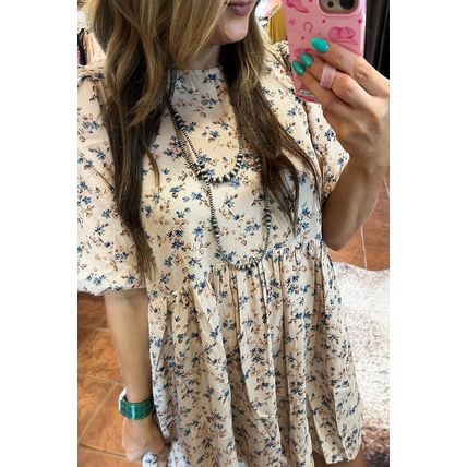 Beige Floral Puff Short Sleeve Empire Waist Mini Dress
