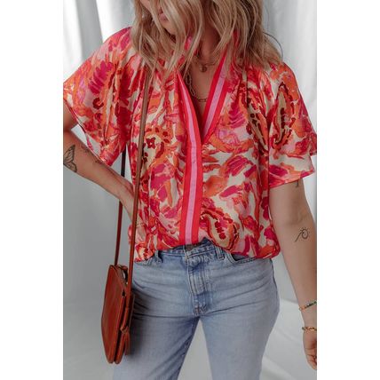 Rose Abstract Print Striped Trim Split Neck Blouse