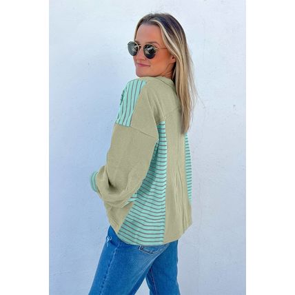 Meadow Mist Green Exposed Seam Waffle Striped Patchwork Baggy Pullover