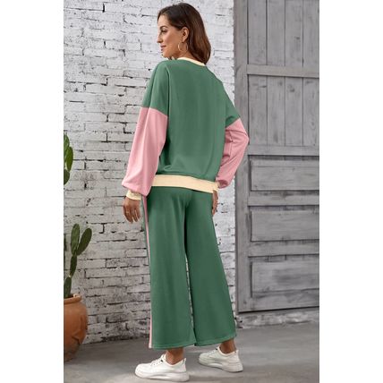 Mist Green 2pcs Color Block Pullover Loose Pant Set