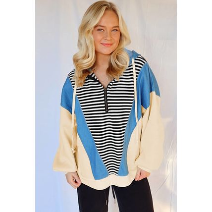 Black Stripe Denim Color Block Quarter Zip Baggy Drawstring Hoodie