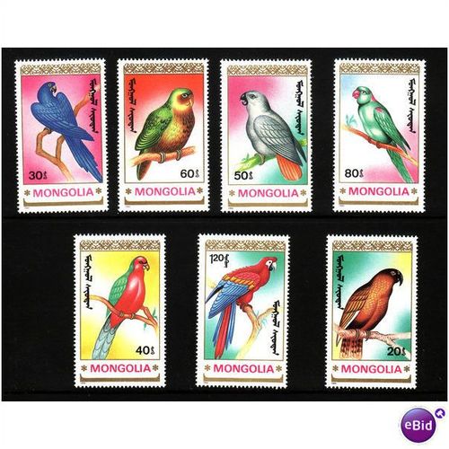 MONGOLIA 1990 PARROTS SET 7 VALS U/M MINT