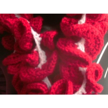 Handmade crochet ruffle scarf, red & white, acrylic yarn