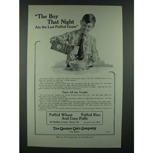 1919 Quaker Oats Puffed Wheat, Rice and Corn Puffs Ad - The Boy That Night