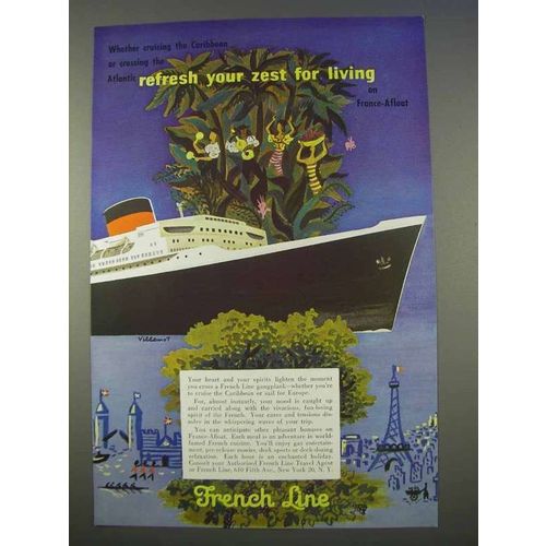 1955 French Line Cruise Ad - Art by Villemot