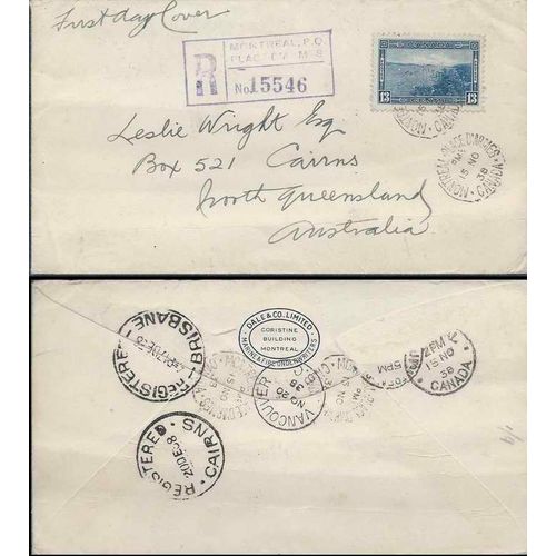 Canada Mufti Issue 1938 REGISTERED Montreal Place d'armes Quebec to Australiia