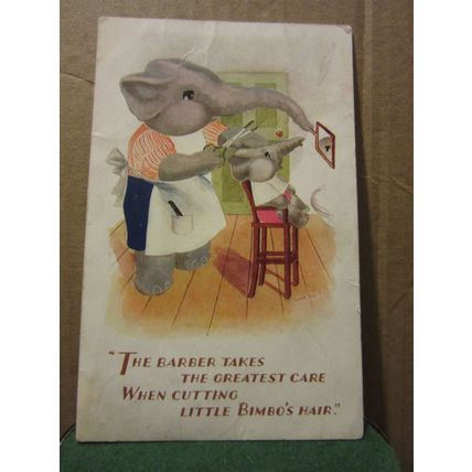 BIMBO THE ELEPHANT AT THE BARBERS vintage used postcard by J. Salmon 1950 pm