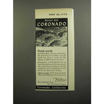 1952 Hotel del Coronado Ad - Frank words on holidaying