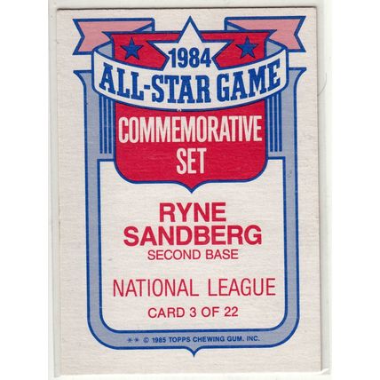 1985 Topps Ryne Sandberg All Star Commemorative Set baseball card #3 – Cubs